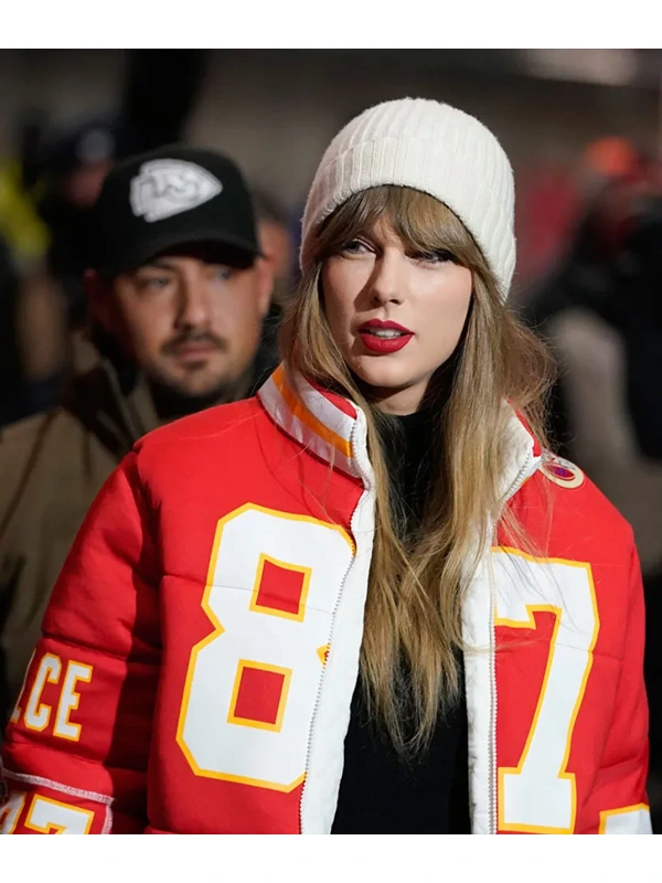 87 Taylor Swift Travis Kelce Red Puffer Jacket