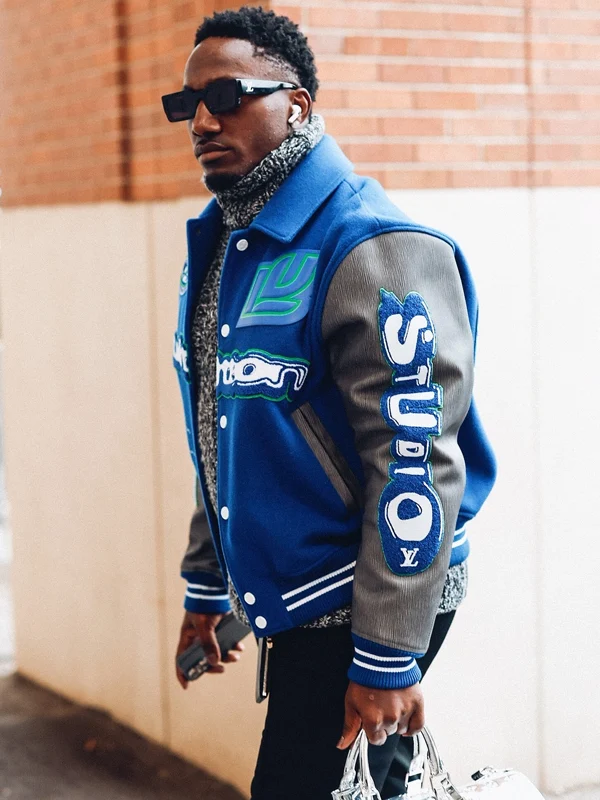 Embroidered Varsity LV Jacket Blue & Grey