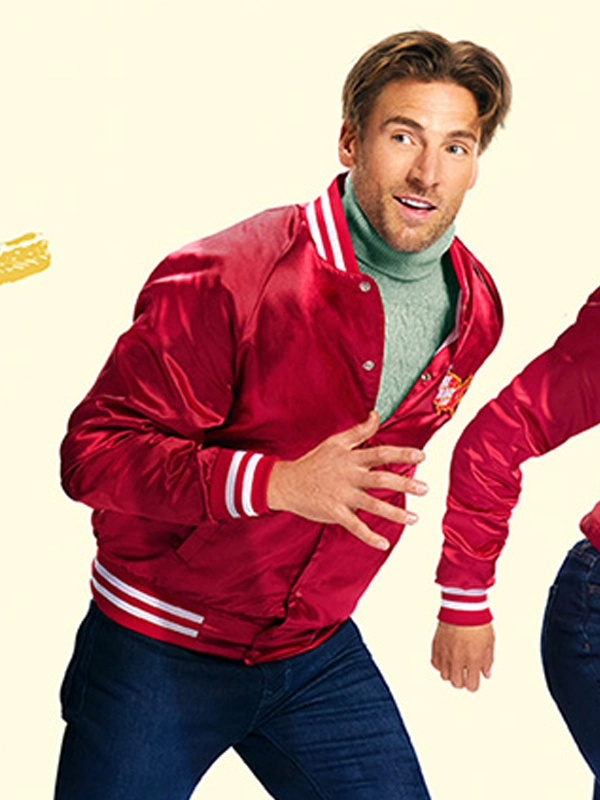 Jingle Bell Run Red Satin Varsity Jacket