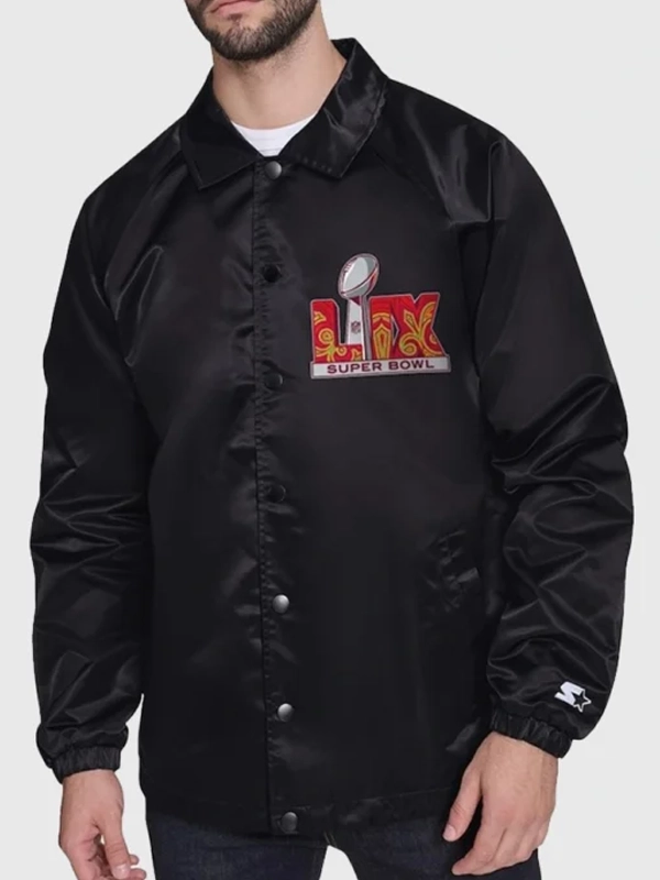 Super Bowl LIX Starter Black Coaches Satin Varsity Jacket