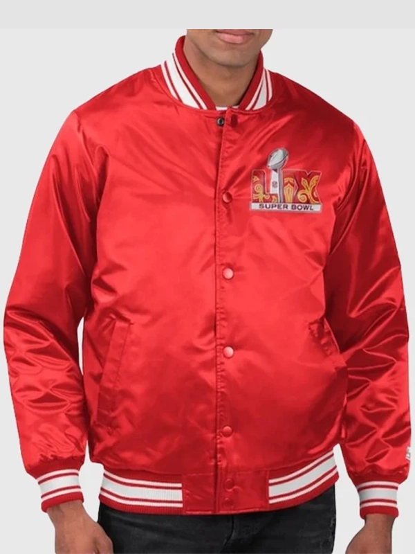 Super Bowl LIX Starter Red Satin Varsity Jacket