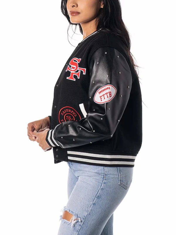 The Wild Collective Black San Francisco 49ers Varsity Full-Snap Sparkle Jacket