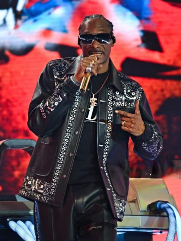 Times Square Fortnite Concert Snoop Dogg Printed Leather Jacket Black