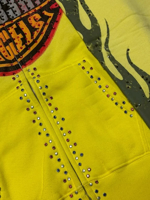 Bloody Osiris Murd333r Rhinestone Yellow Zip-Up Hoodie