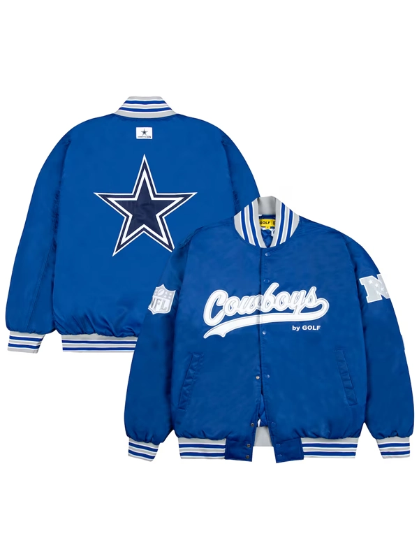 Dallas Cowboys GOLF WANG Satin Full-Snap Bomber Jacket Blue