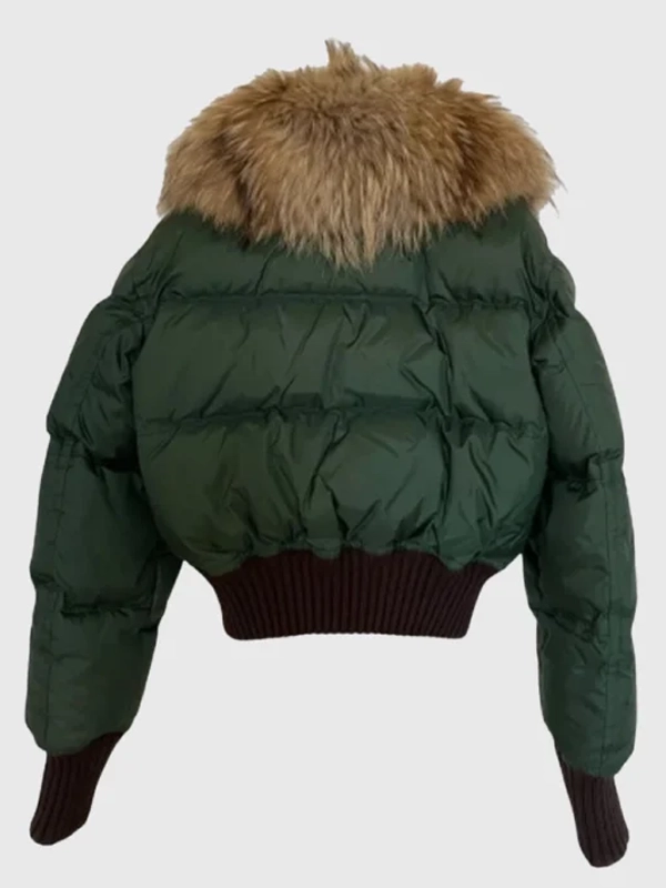 Dsquared2 Down Cropped Puffer Racoon Fur Collar Green Jacket