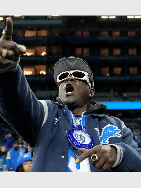 Flavor Flav Abercrombie Detroit Lions Blue Varsity Bomber Jacket