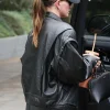 Hailey Bieber Oversized Leather Jacket Black