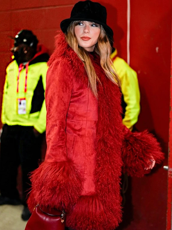 Taylor Swift Faux Fur Red Suede Coat