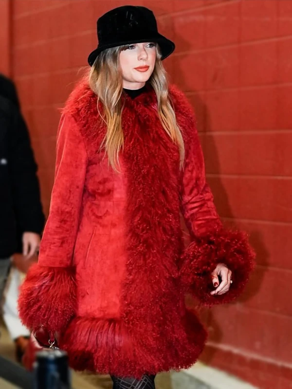 Taylor Swift Faux Fur Suede Coat Red