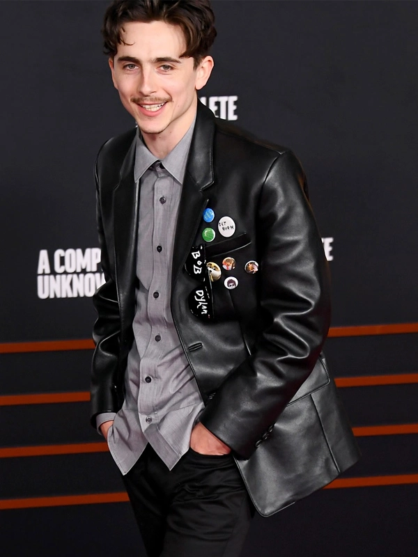 Timothée Chalamet A Complete Unknown Premiere Black Leather Blazer