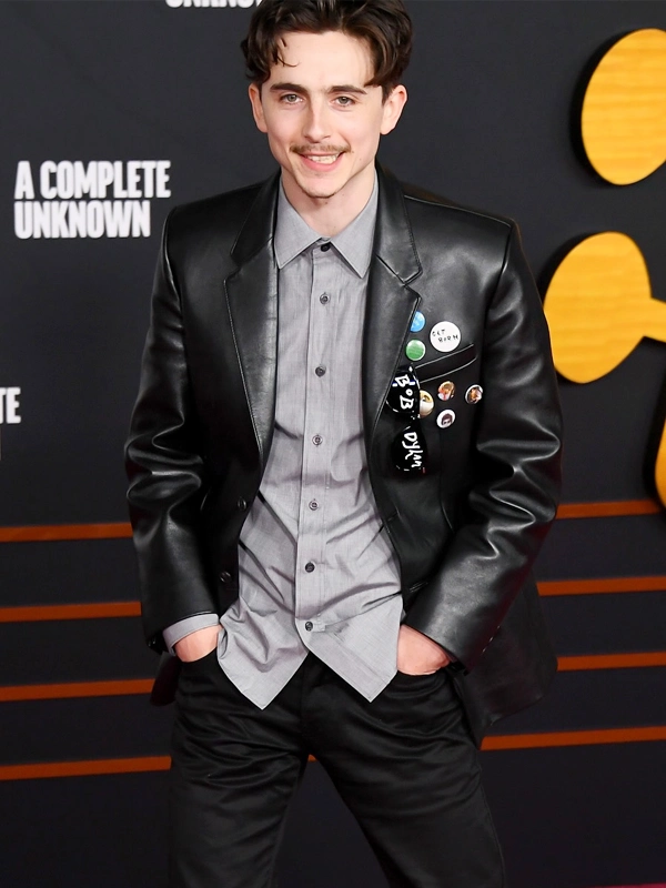 Timothée Chalamet A Complete Unknown Premiere Leather Blazer Black