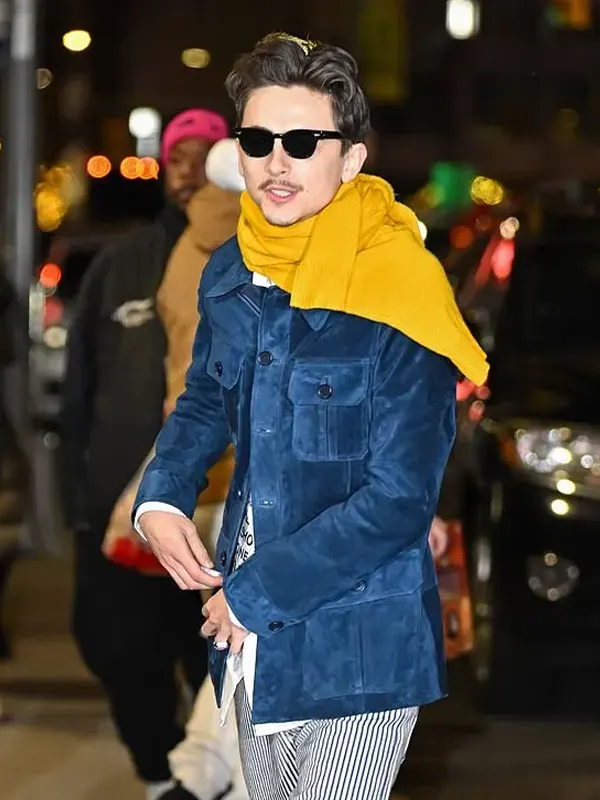 Timothée Chalamet The Late Show with Stephen Colbert Blue Suede Coat Jacket