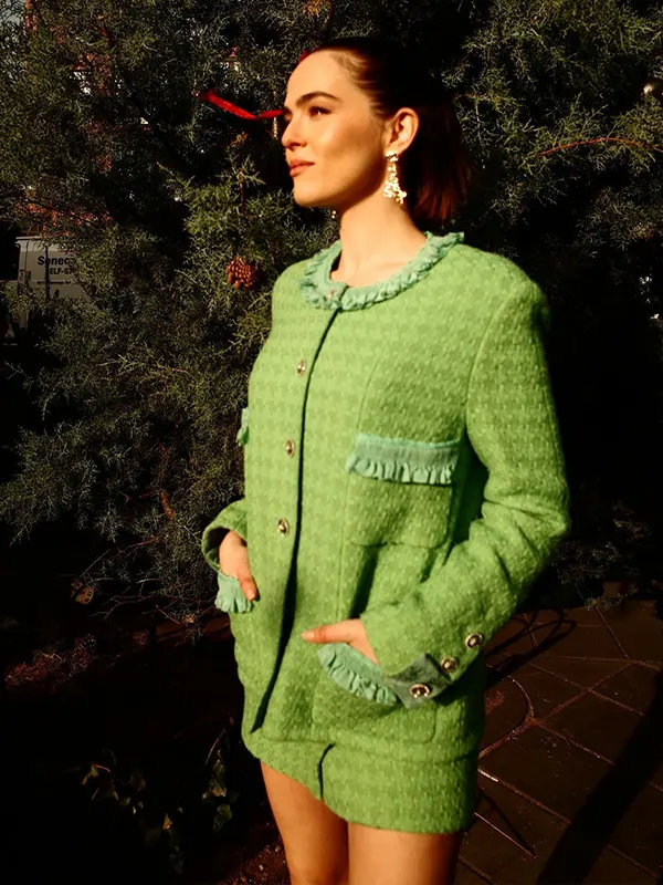 Zoey-Deutch-Tweed-Jacket-Green