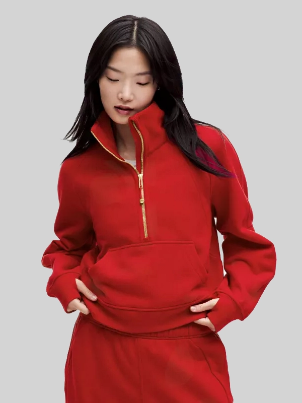 Lunar New Year Scuba Oversized Funnel-Neck Half Zip Jacket Red