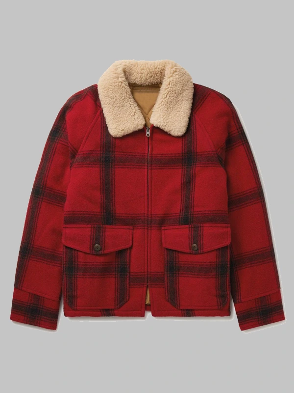 Post Malone Shearling-Trimmed Padded Checked Wool Jacket Red