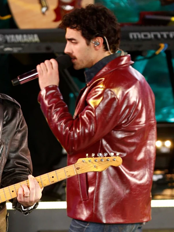 Times Square Performance Joe Jonas Burgundy Leather Jacket