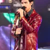 Times Square Performance Joe Jonas Leather Coat Burgundy