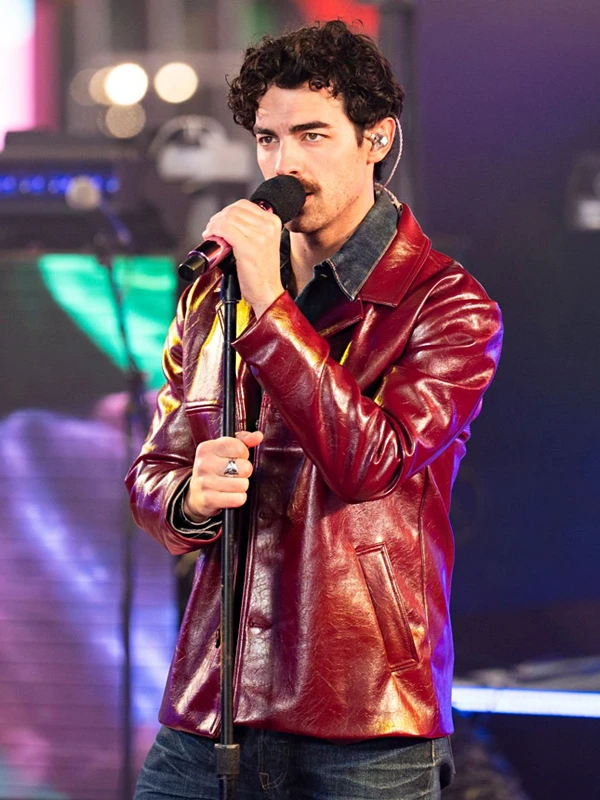 Times Square Performance Joe Jonas Leather Coat Burgundy