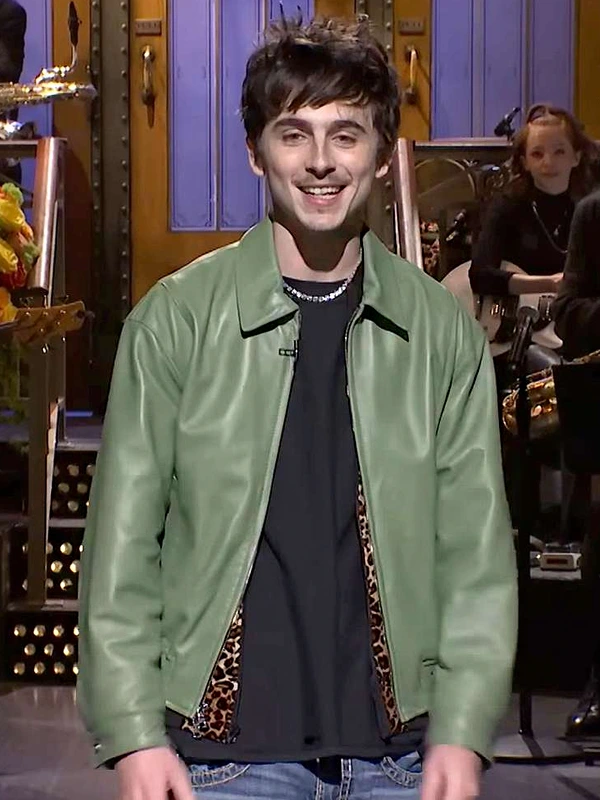 Timothée Chalamet Green Leather Jacket SNL