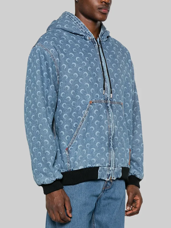 Timothee Chalamet Marine Serre Crescent Moon-Print Hooded Denim Bomber Jacket