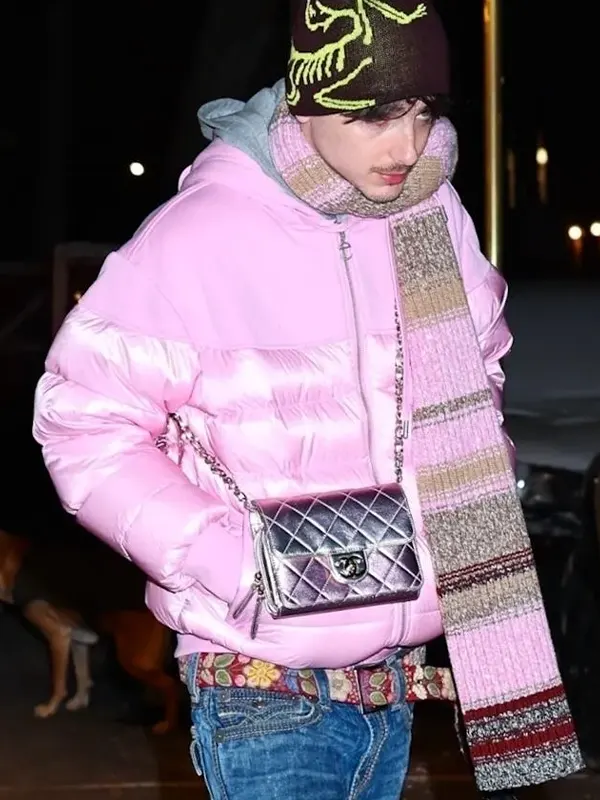 Timothee-Chalamet-Telfar-Puffer-Coat-Pink