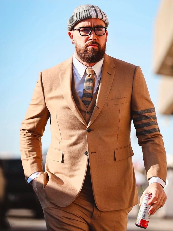 Travis Kelce Thom Browne Striped Cotton-Twill Suit Brown