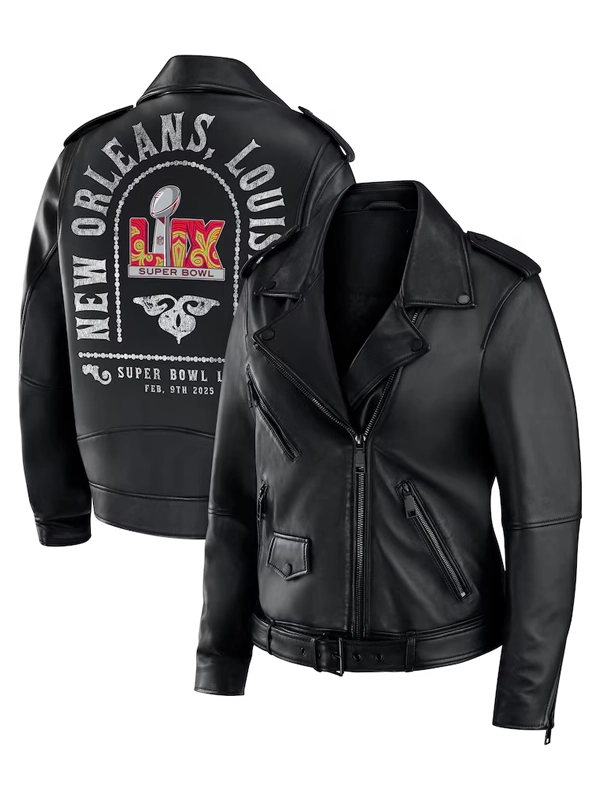 Women's Super Bowl LIX Rebecca Minkoff x WEAR by Erin Andrews Black Fanatics Exclusive Tabitha Oversized Leather Asymmetrical Moto Full-Zip Jacket