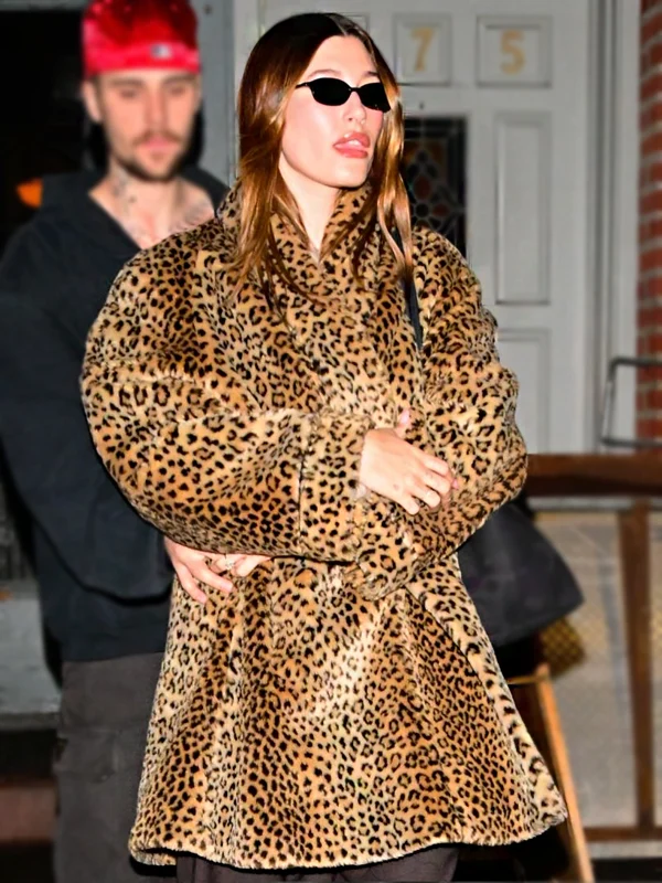 Hailey Bieber Leopard Print Faux Fur Coat