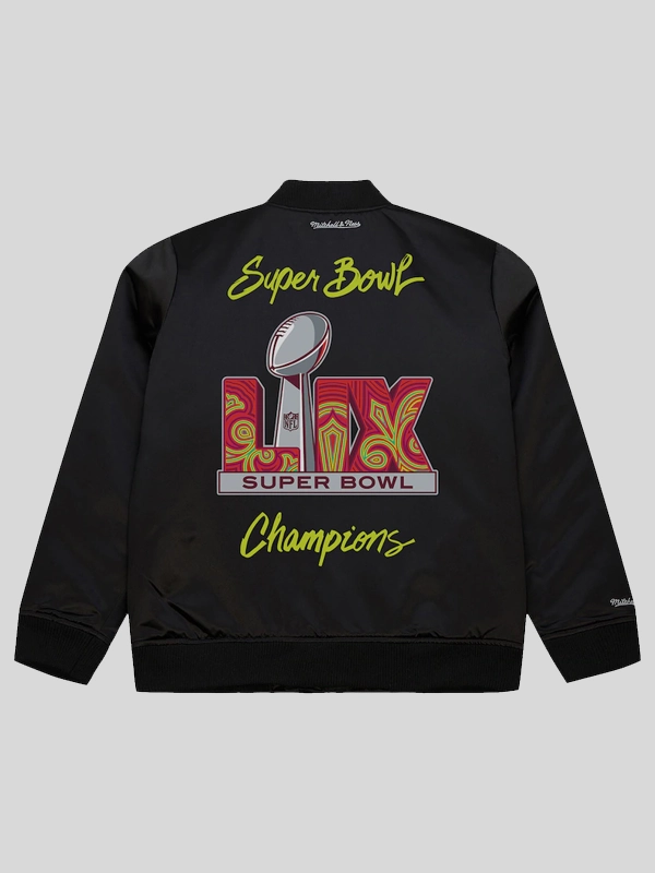 Men's Mitchell & Ness Black Philadelphia Eagles Super Bowl LIX Champions Team Logo Satin Full-Zip Bomber Jacket