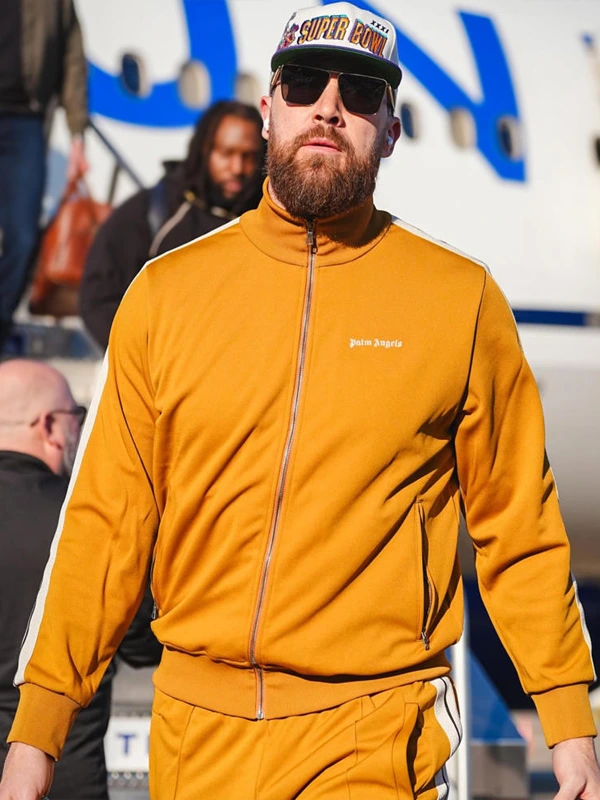 Super Bowl LIX Arrivals Travis Kelce Palm Angels Tracksuit Yellow