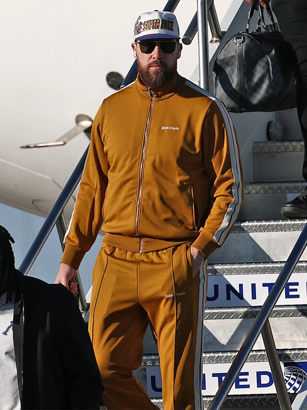 Super Bowl LIX Arrivals Travis Kelce Tracksuit Yellow