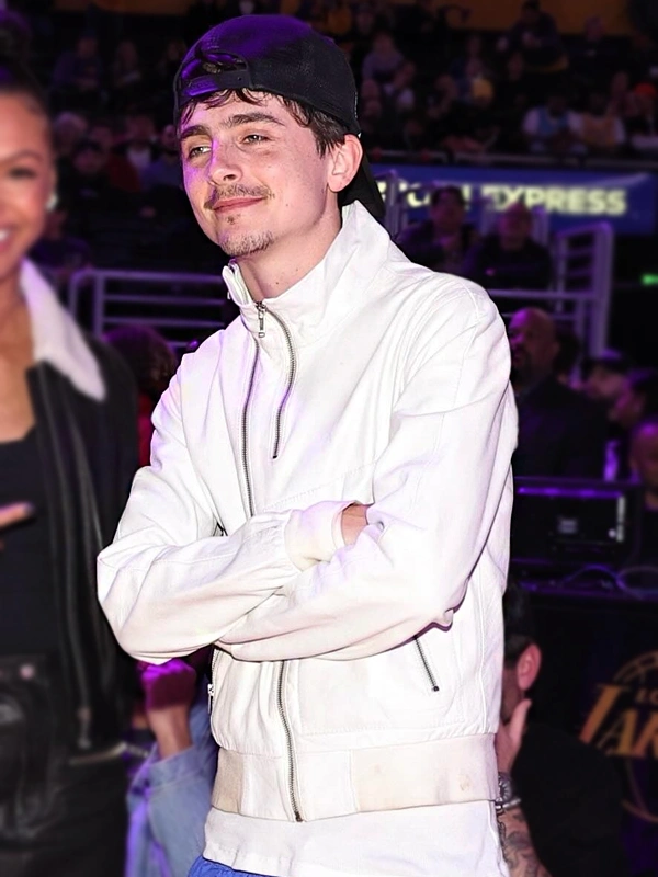 Knicks vs Lakers Timothée Chalamet White Jacket