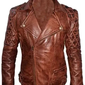 Mens Diamond Quilted Vintage Leather Biker Jacket Brown