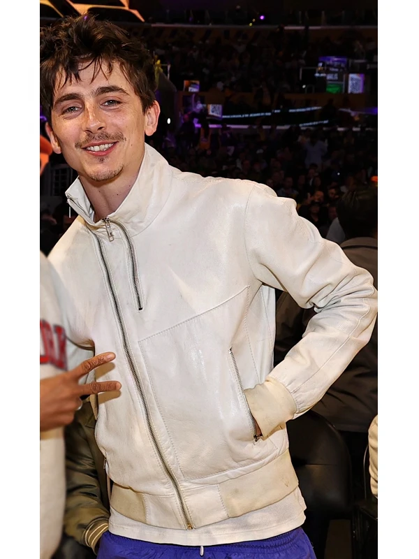 Timothée Chalamet White Leather Bomber Jacket